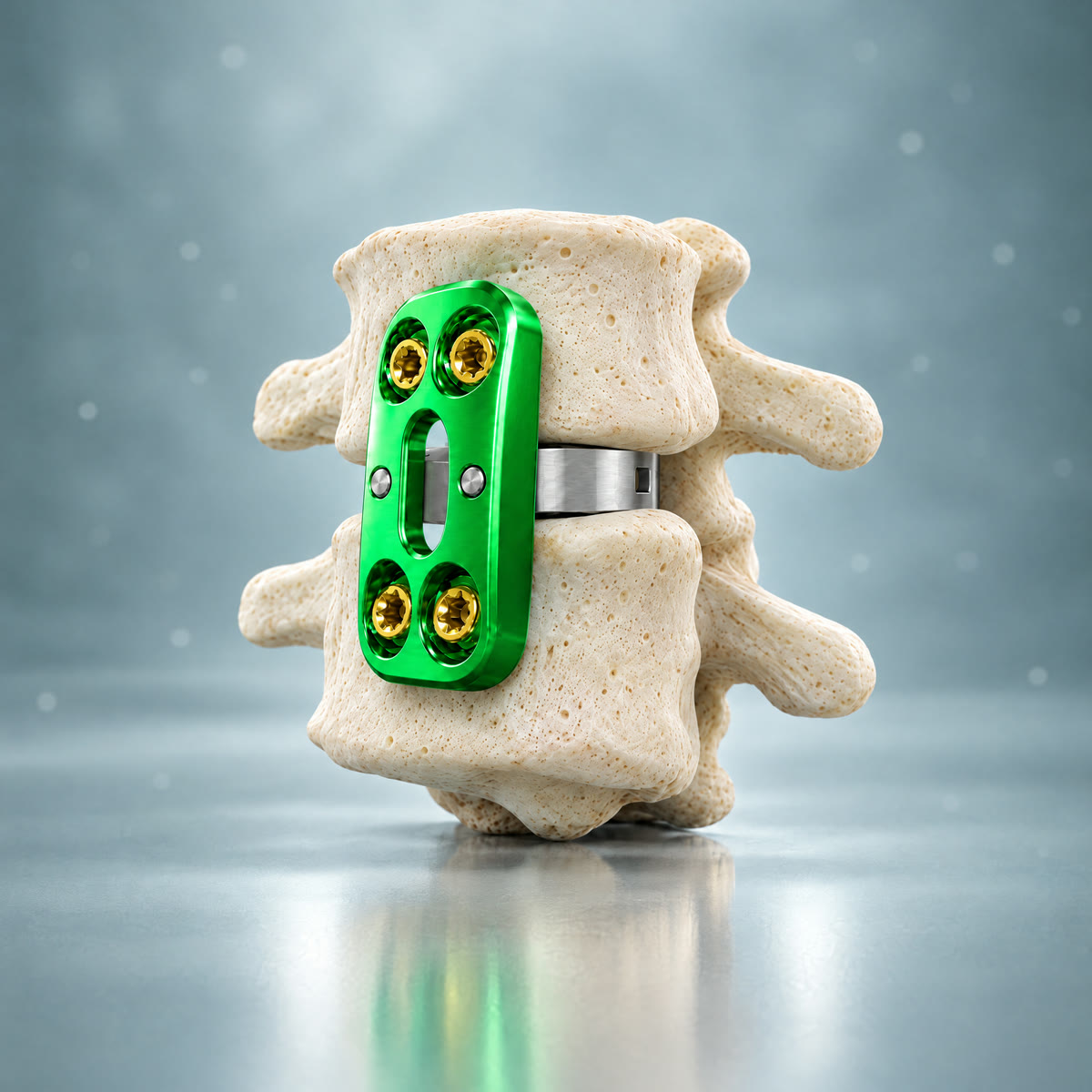 Rendering of the green plate on the front of two vertebrae, centered over the spacer between them