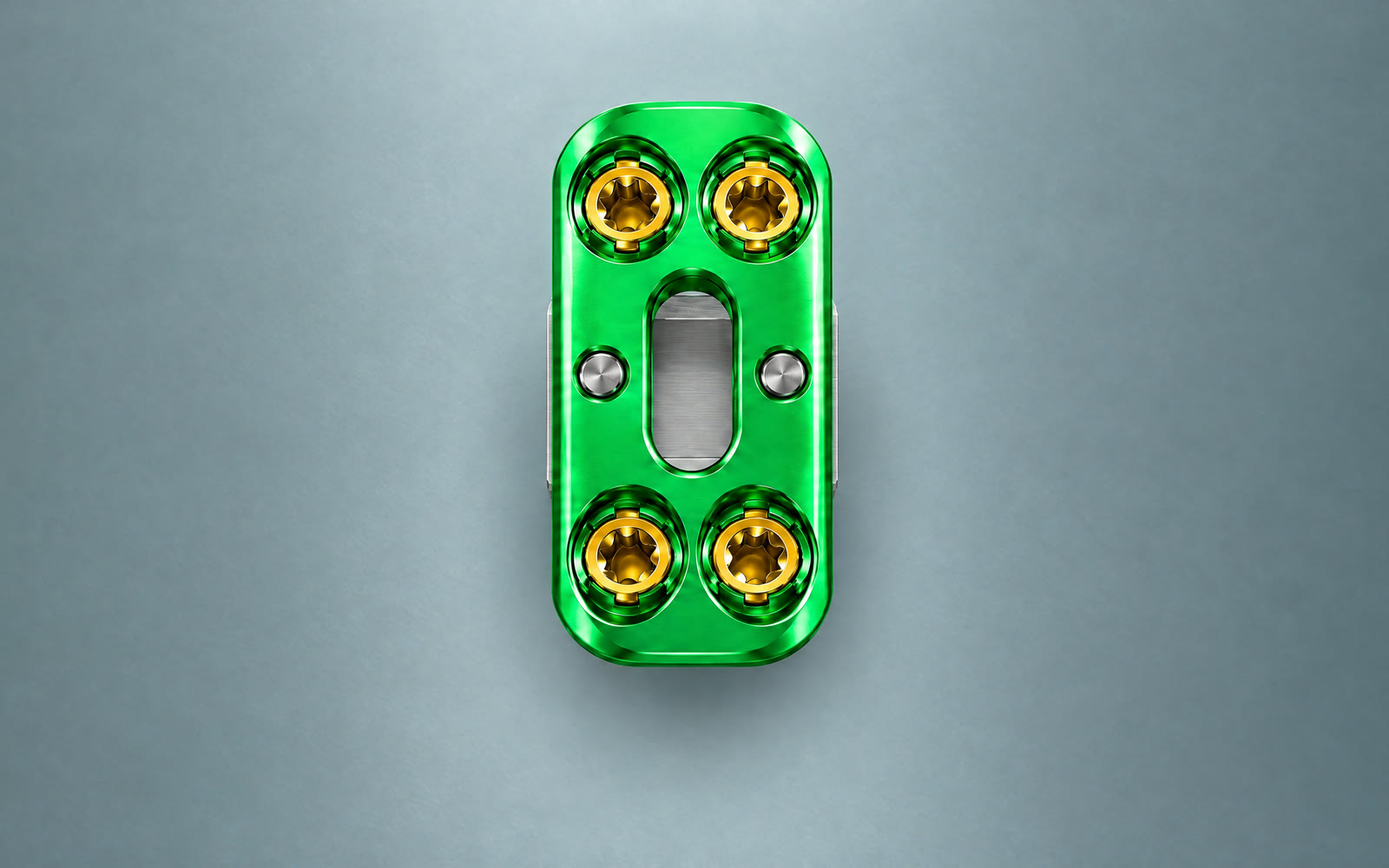 Straight-on rendering of the four-hole green plate, centered over its silver extension bar, which shows through the open center slot