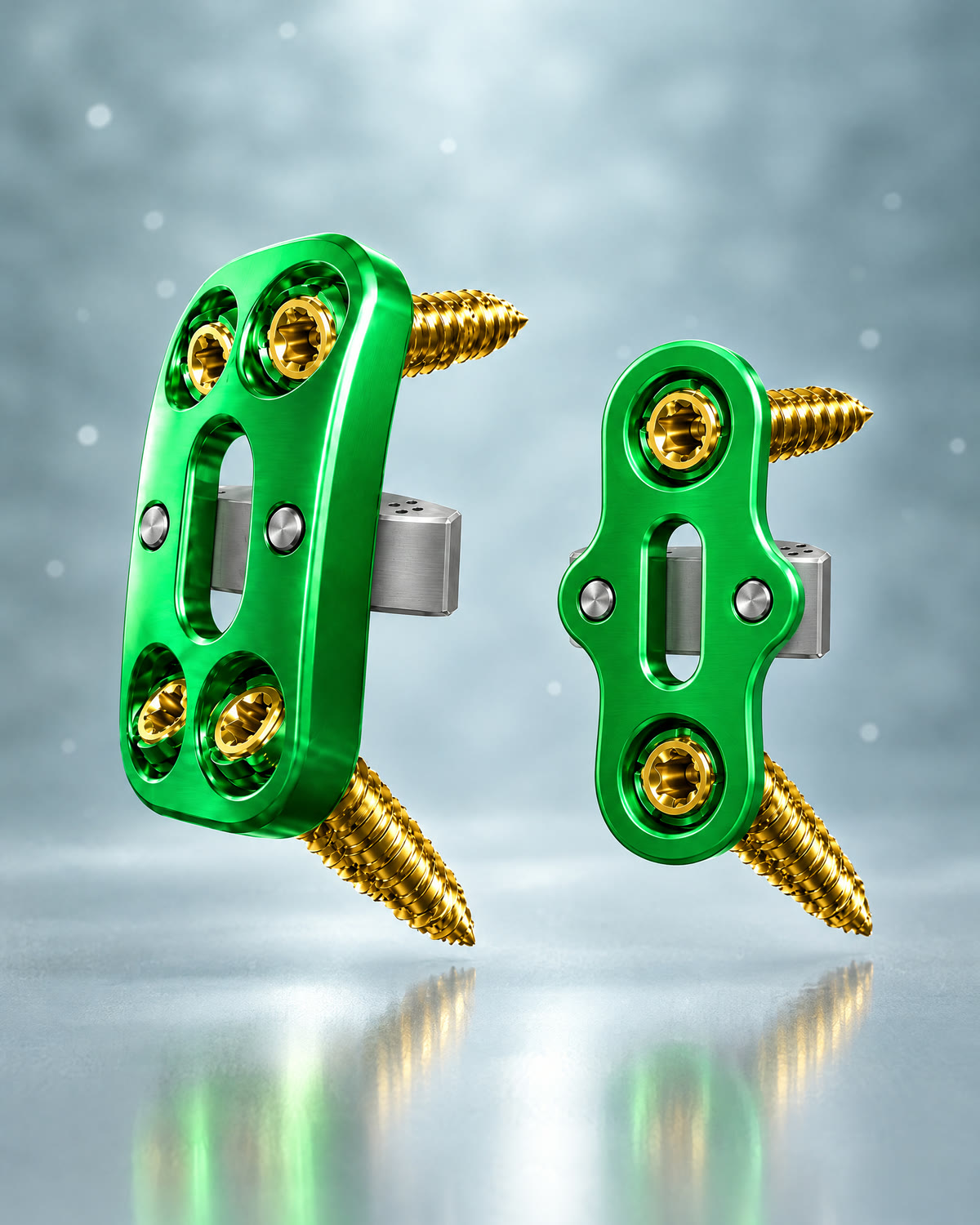 Rendering of a 4-hole and a 2-hole green Tryavna anterior plate side by side, each with its silver extension bar